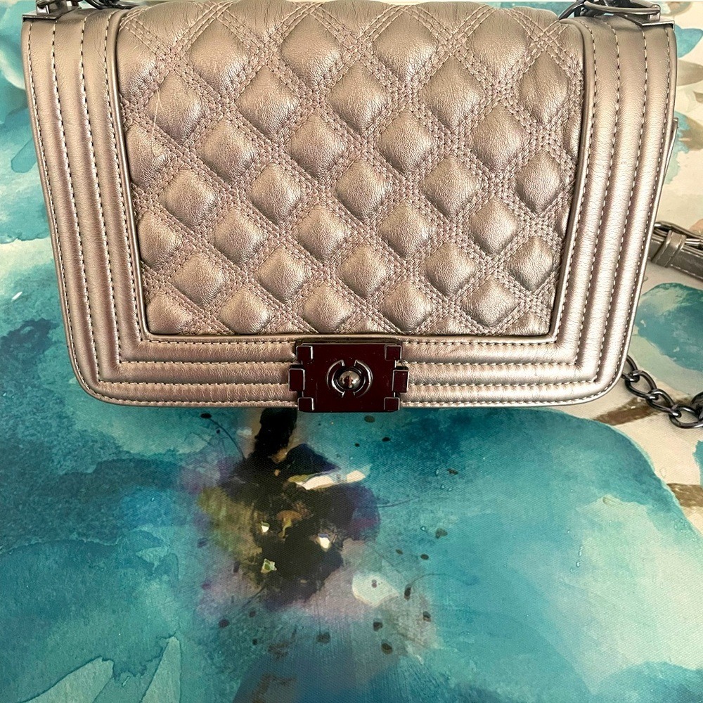 Silver Quilted‎ Chain Crossbody Bag Flap Lock Embellished Evening Bag